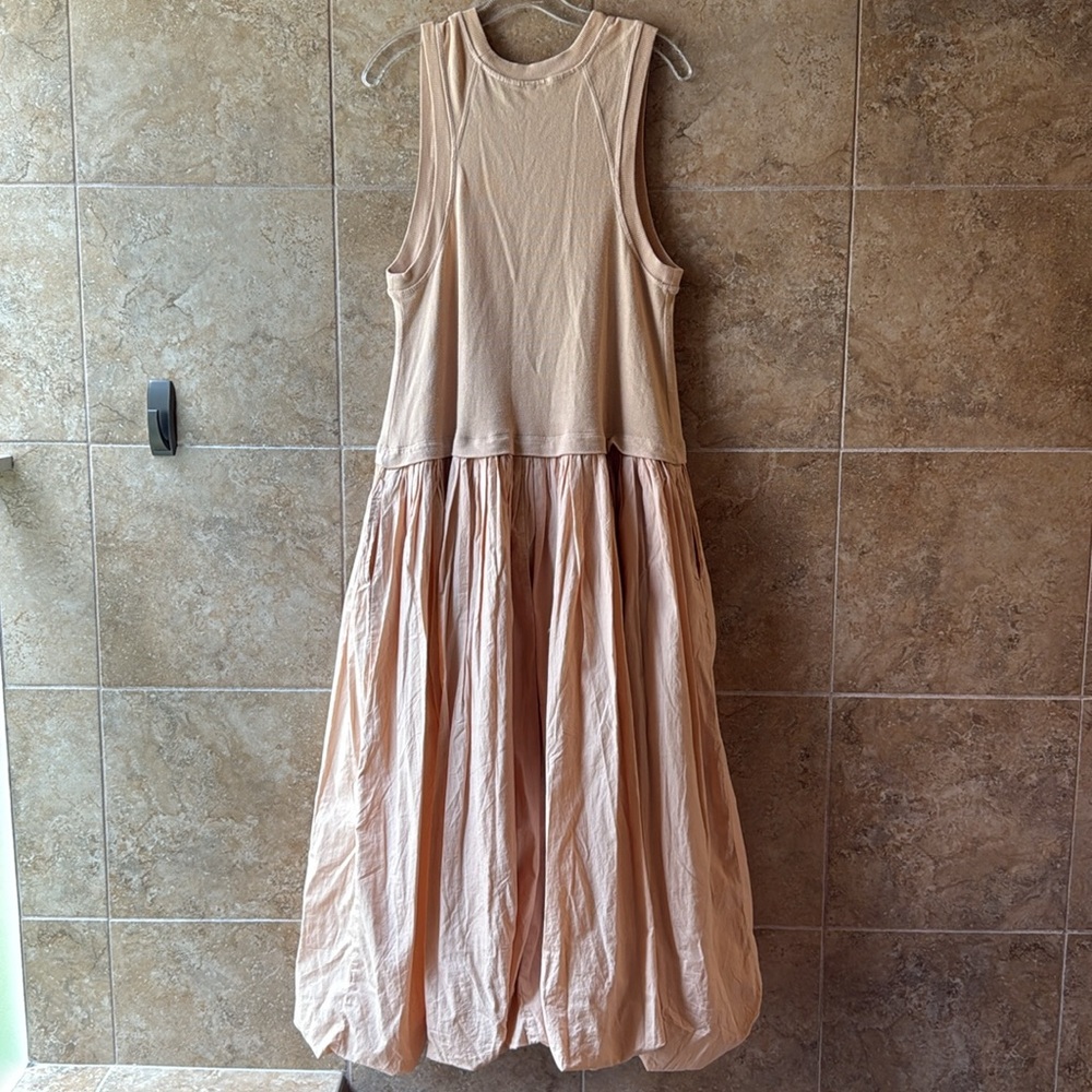 Free People Calla Lily Mixed Media Maxi Dress Pockets Drop Waist Bubble Skirt - Picture 5 of 16